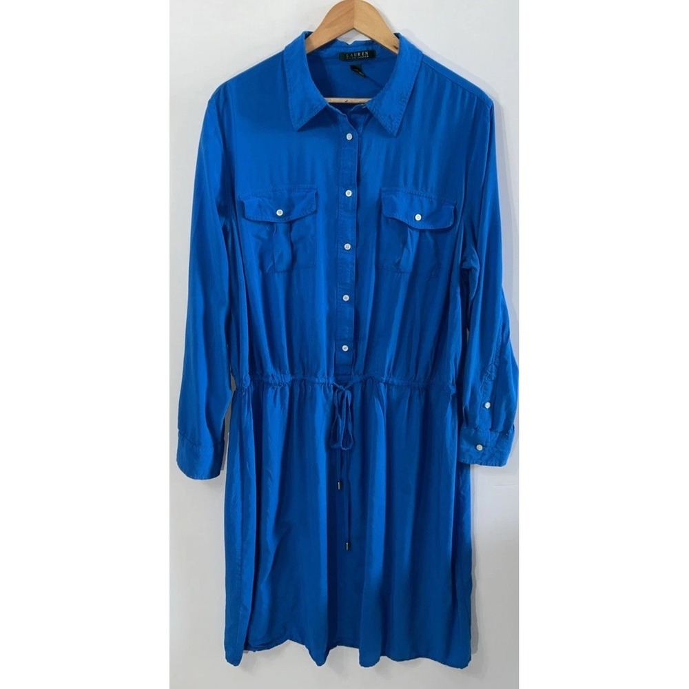 Women's Lauren Ralph Lauren Long Sleeve Shift Dress Sz 18W 18 Drawstring Pockets